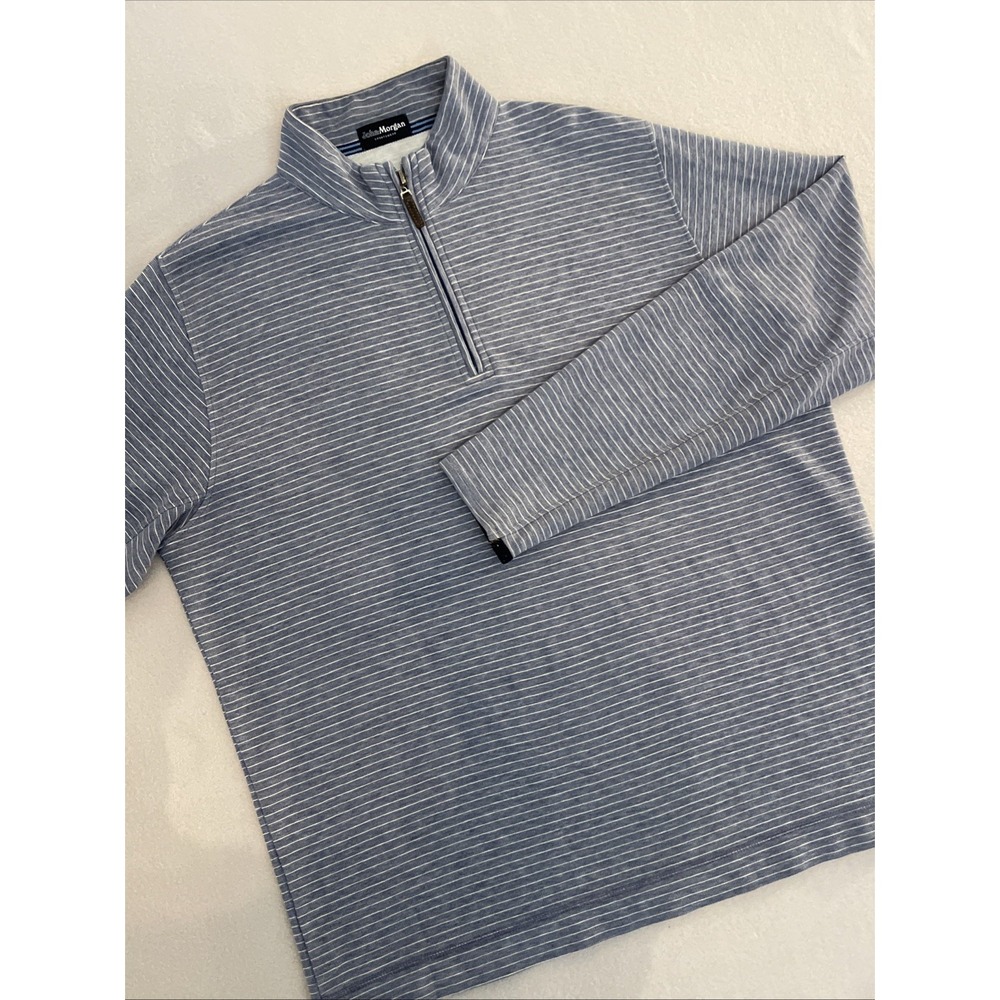 John Morgan LARGE‎ Blue/Gray Striped 1/4 Zip Golf Pullover  Cotton Poly EUC SOFT